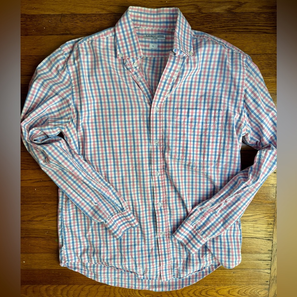 Laurent Eiffel St. Barth Men's Blue and Punk Checkered Shirt - Size Large